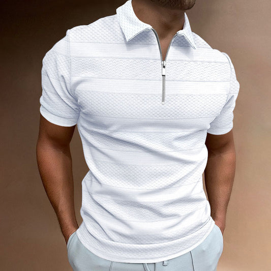 Men's Casual Short-Sleeved Solid Colour Lapel Jacquard T-Shirt