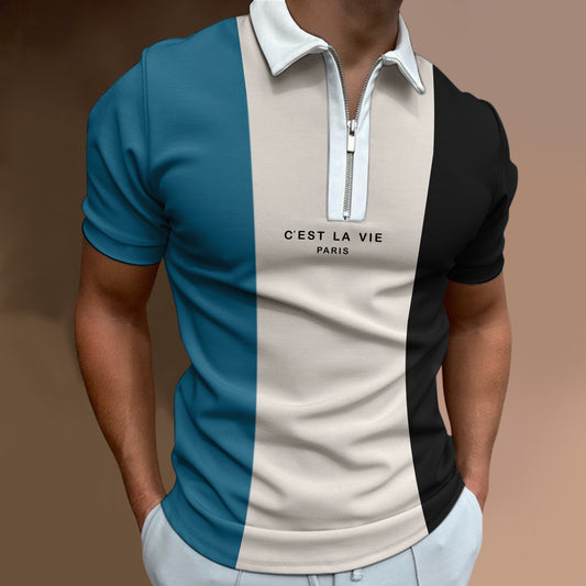 Men's Casual Colour Matching Zipper Sports Polo Shirt