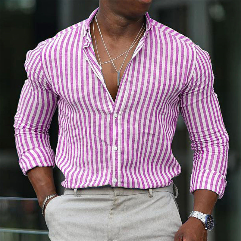 Men's Casual 3D Printed Long Sleeve Slim-fitting Lapel Plaid Shirt