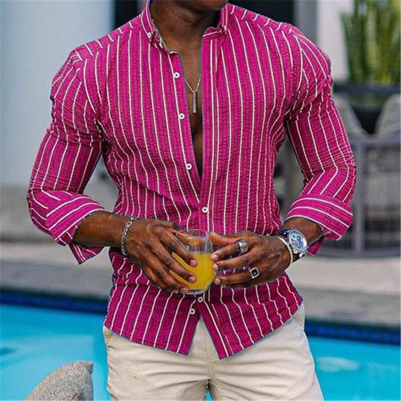Men's Casual 3D Printed Long Sleeve Slim-fitting Lapel Plaid Shirt